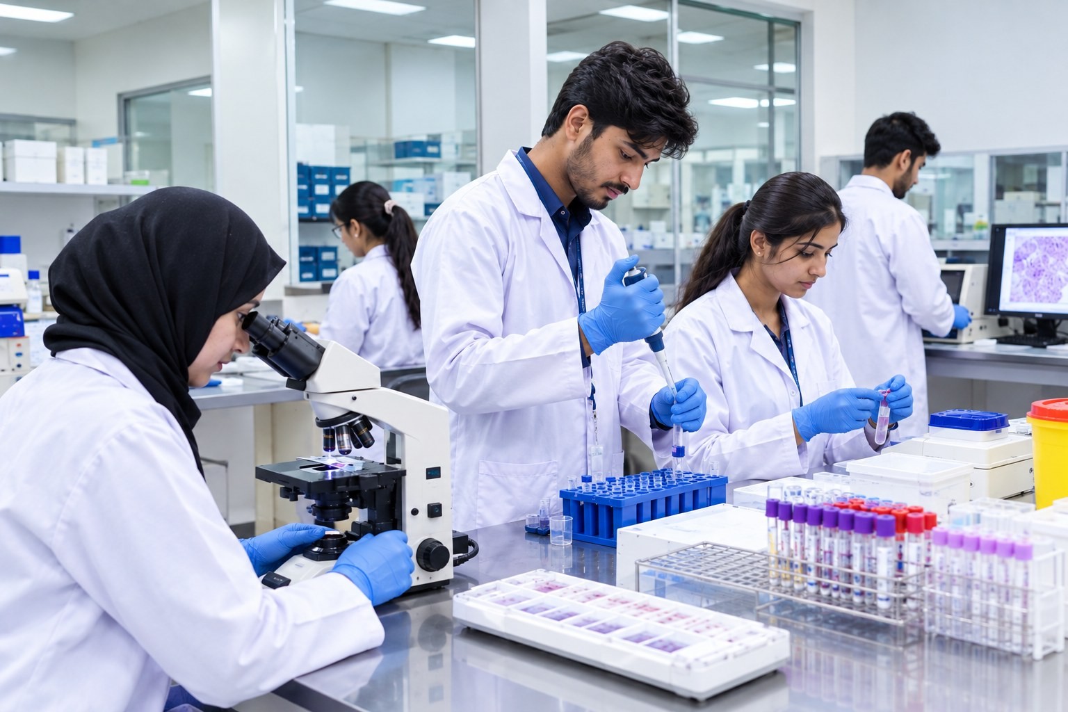 Allied health science students working in a pathology laboratory